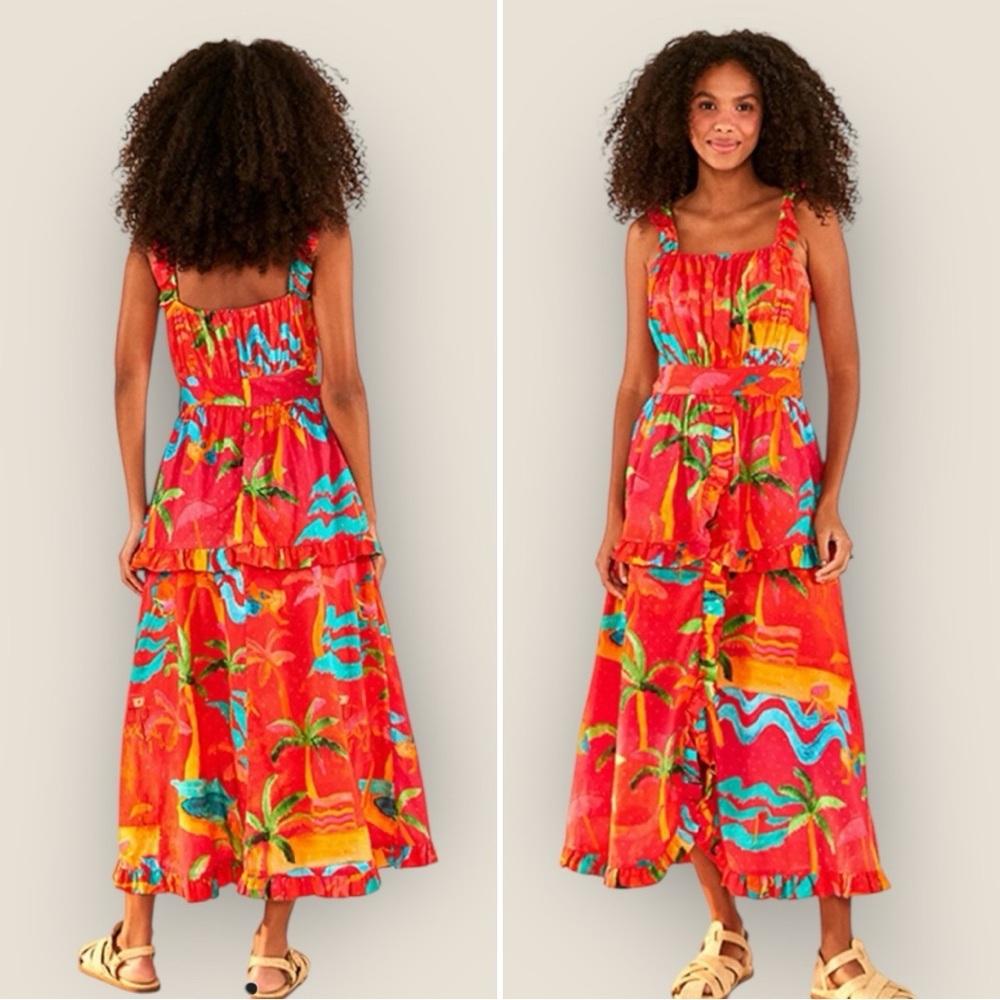 FARM Rio Ipanema Red Ruffle Tropical Print Vibrant Midi Dress Size Small